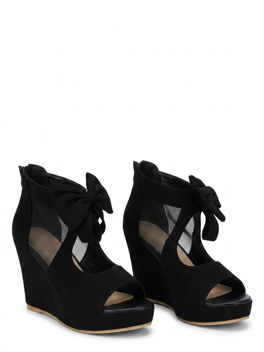 Women’s Black Bow Wedge Sandals. zipper back!